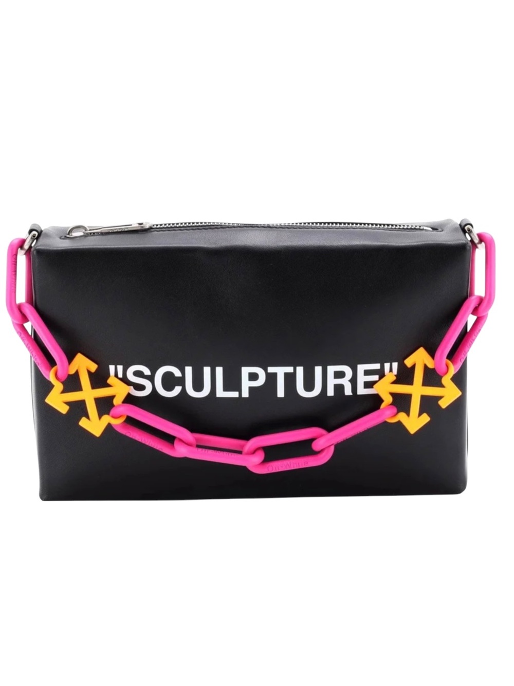 New Off-White 'Sculpture' Black Leather Shoulder Bag with Pink Chain - w dustbag